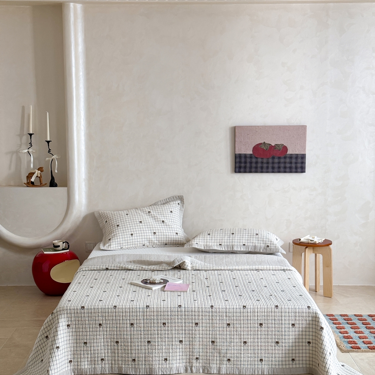 91家纺网 家纺一手货源 找家纺 床盖工厂店 2026春夏新款双面100%全棉填充80棉花床盖三件套 格子熊