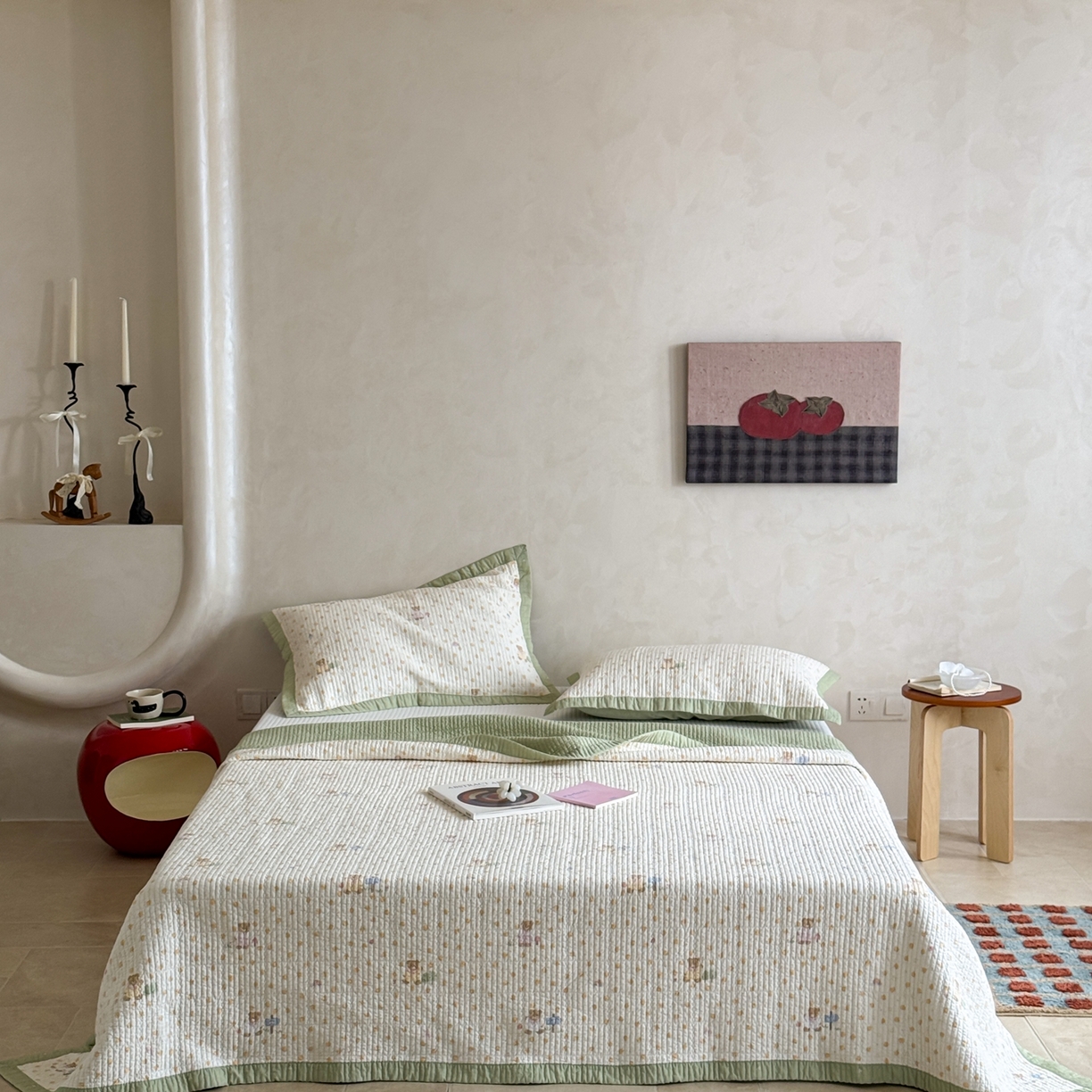 91家纺网 家纺一手货源 找家纺 床盖工厂店 2026春夏新款双面100%全棉填充80棉花床盖三件套 莓果熊