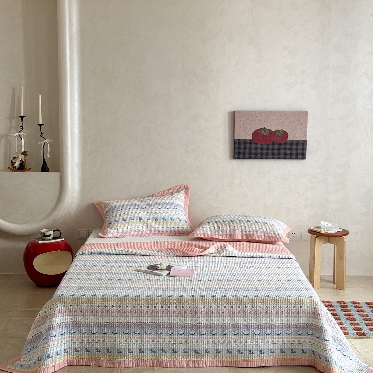 91家纺网 家纺一手货源 找家纺 床盖工厂店 2026春夏新款双面100%全棉填充80棉花床盖三件套 糖果小马