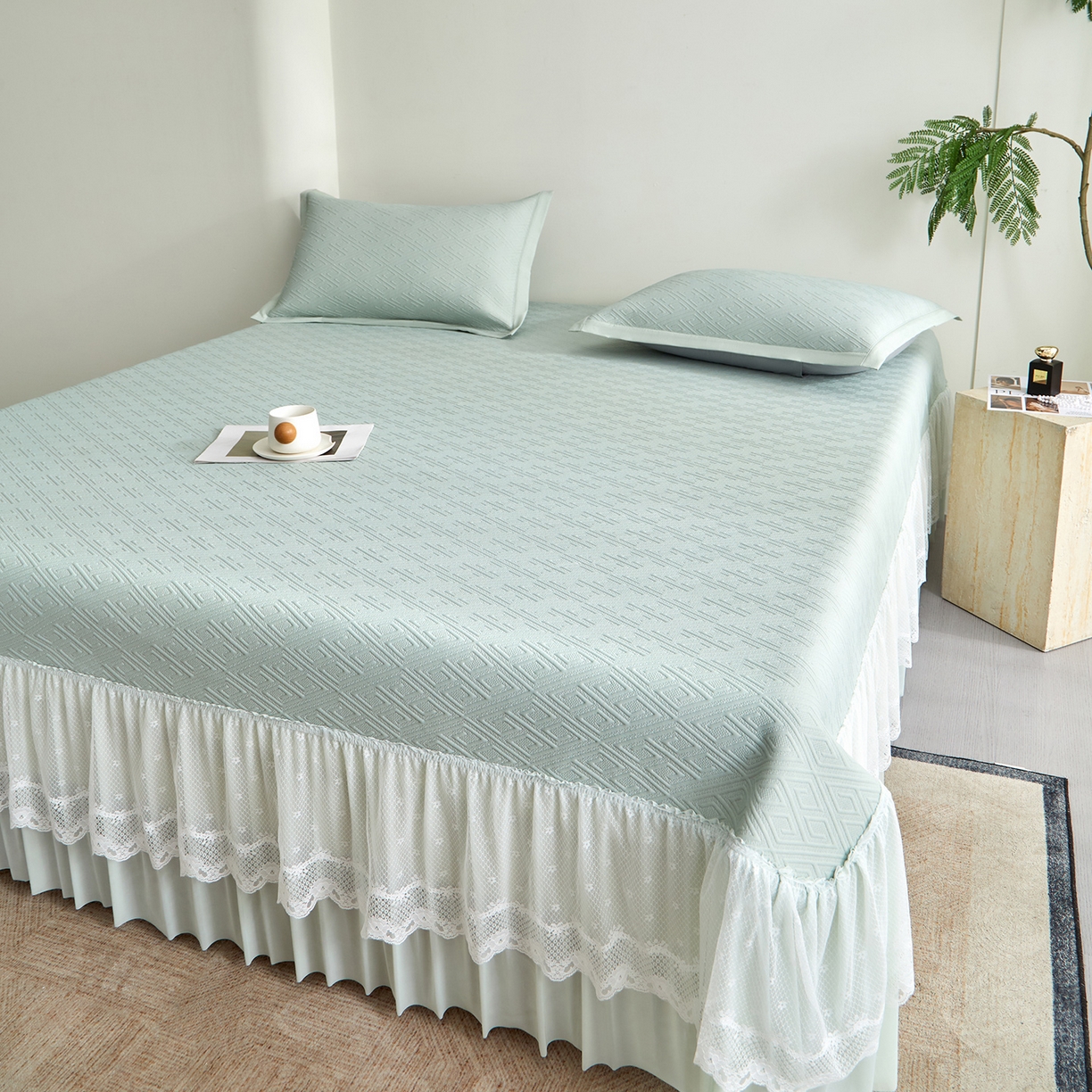 91家纺网 家纺一手货源 找家纺 瑞禾家纺 2026新款A类凉感豆豆床裙款凉席三件套-系列六 浅青回韵