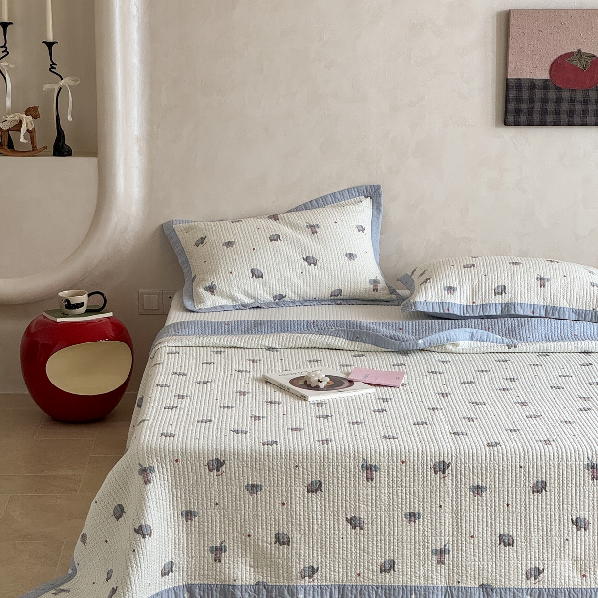 91家纺网 家纺一手货源 找家纺 床盖工厂店 2026春夏新款双面100%全棉填充80棉花床盖三件套 跳跳象