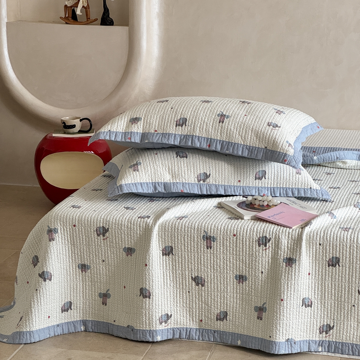 91家纺网 家纺一手货源 找家纺 床盖工厂店 2026春夏新款双面100%全棉填充80棉花床盖三件套 跳跳象