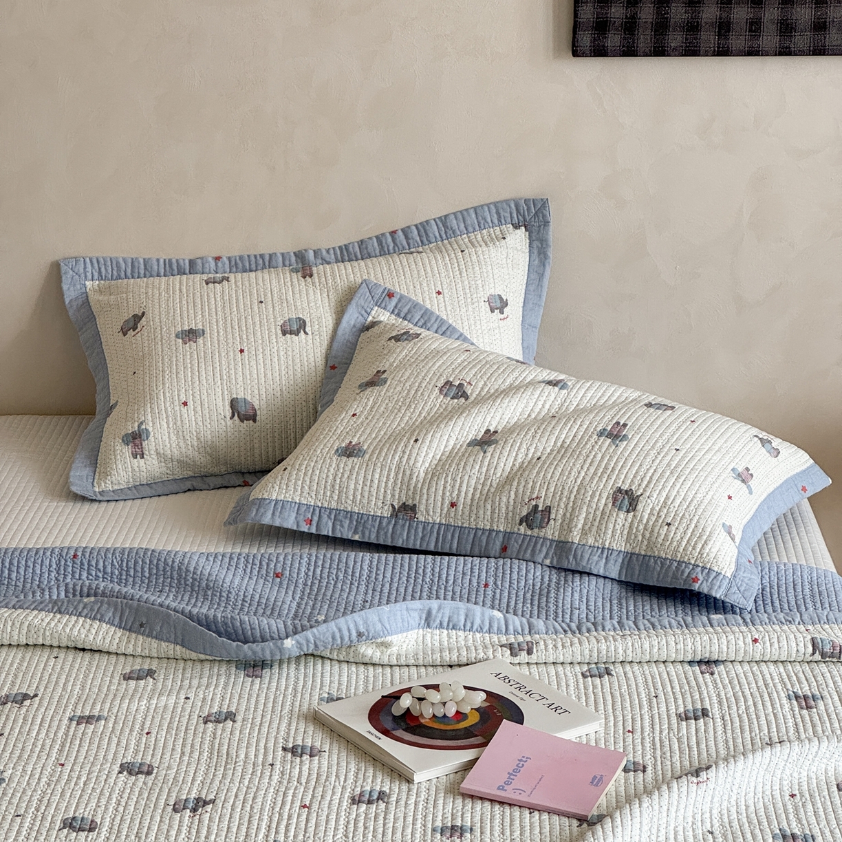 91家纺网 家纺一手货源 找家纺 床盖工厂店 2026春夏新款双面100%全棉填充80棉花床盖三件套 跳跳象