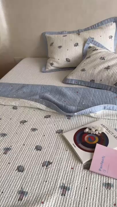 91家纺网 家纺一手货源 找家纺 床盖工厂店 2026春夏新款双面100%全棉填充80棉花床盖三件套 跳跳象