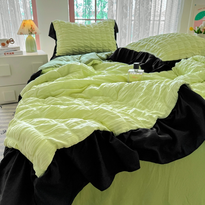 91家纺网 家纺一手货源 找家纺 （总）优卡迪家纺馆 2026春夏新款泡泡纱黑花边夏被夏被空调被四件套【下载文件夹包含买家秀】