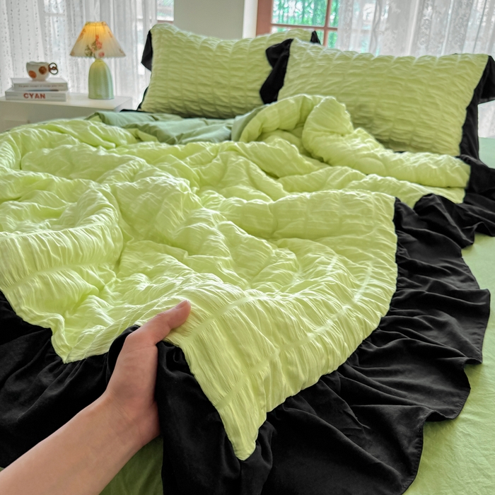 91家纺网 家纺一手货源 找家纺 （总）优卡迪家纺馆 2026春夏新款泡泡纱黑花边夏被夏被空调被四件套【下载文件夹包含买家秀】