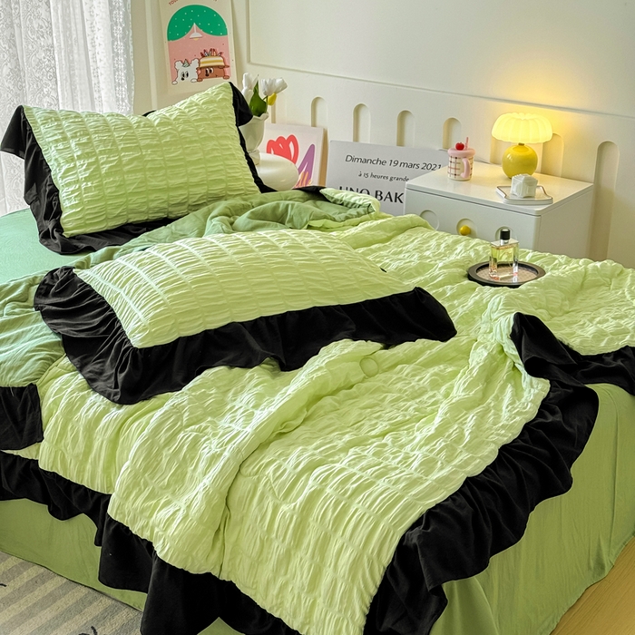 91家纺网 家纺一手货源 找家纺 （总）优卡迪家纺馆 2026春夏新款泡泡纱黑花边夏被夏被空调被四件套【下载文件夹包含买家秀】