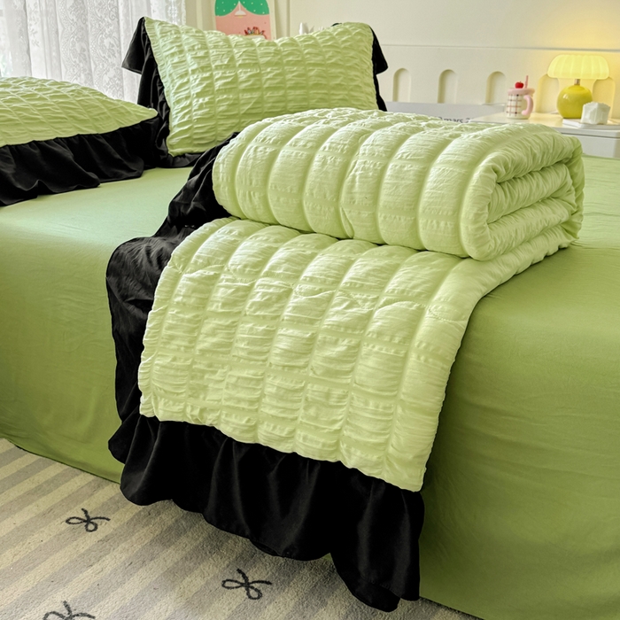 91家纺网 家纺一手货源 找家纺 优卡迪家纺馆 2026春夏新款泡泡纱黑花边夏被夏被空调被四件套【下载文件夹包含买家秀】 青柠蜜瓜