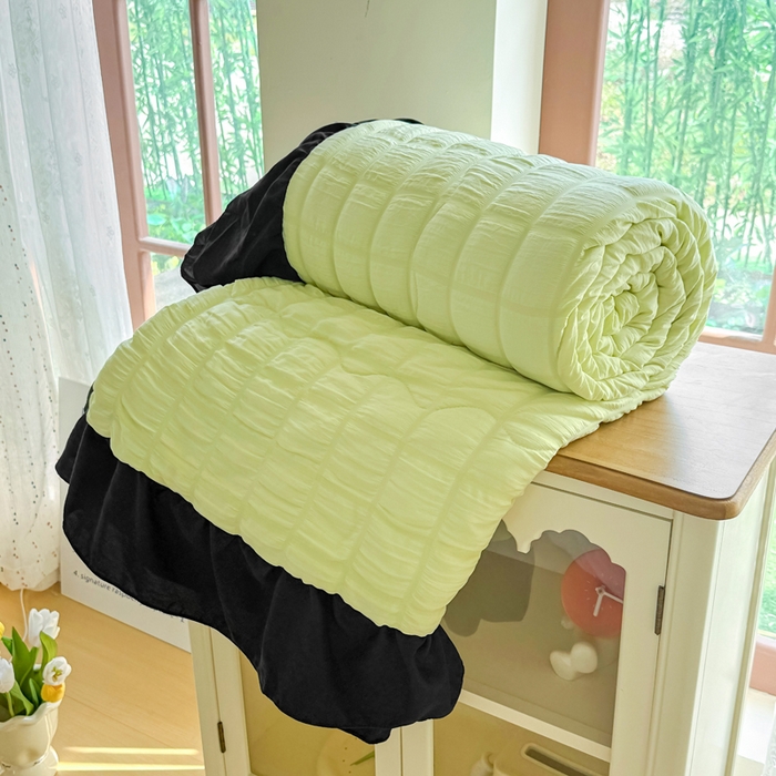 91家纺网 家纺一手货源 找家纺 优卡迪家纺馆 2026春夏新款泡泡纱黑花边夏被夏被空调被四件套【下载文件夹包含买家秀】 青柠蜜瓜