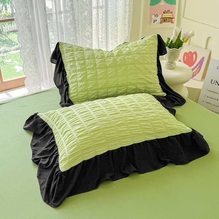 91家纺网 家纺一手货源 找家纺 优卡迪家纺馆 2026春夏新款泡泡纱黑花边夏被夏被空调被四件套【下载文件夹包含买家秀】 青柠蜜瓜