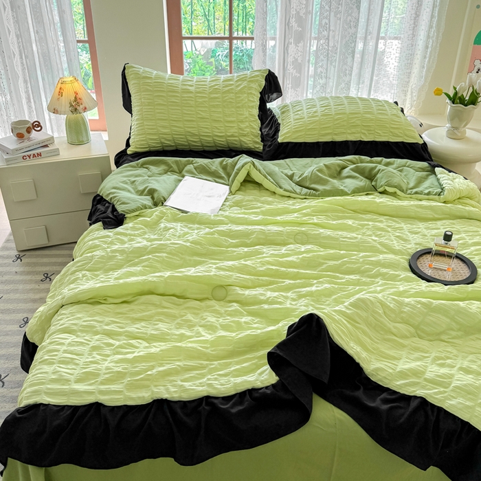 91家纺网 家纺一手货源 找家纺 优卡迪家纺馆 2026春夏新款泡泡纱黑花边夏被夏被空调被四件套【下载文件夹包含买家秀】 青柠蜜瓜