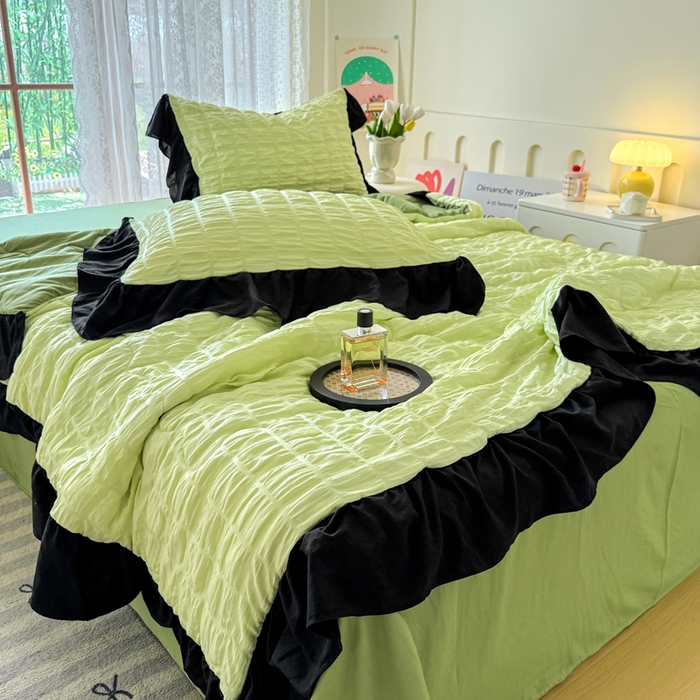 91家纺网 家纺一手货源 找家纺 优卡迪家纺馆 2026春夏新款泡泡纱黑花边夏被夏被空调被四件套【下载文件夹包含买家秀】 青柠蜜瓜