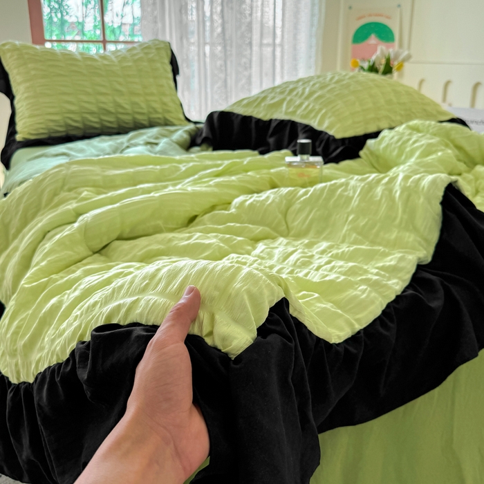 91家纺网 家纺一手货源 找家纺 优卡迪家纺馆 2026春夏新款泡泡纱黑花边夏被夏被空调被四件套【下载文件夹包含买家秀】 青柠蜜瓜