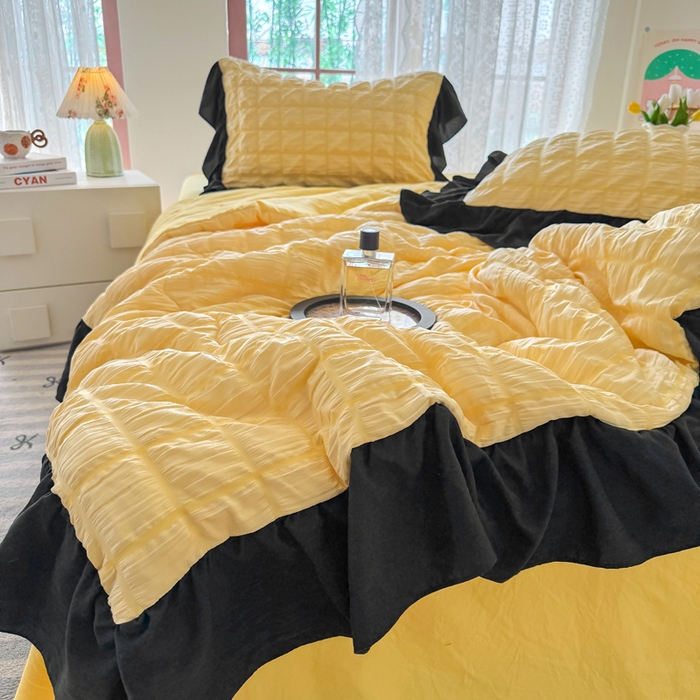 91家纺网 家纺一手货源 找家纺 优卡迪家纺馆 2026春夏新款泡泡纱黑花边夏被夏被空调被四件套【下载文件夹包含买家秀】 魔芋橙汁