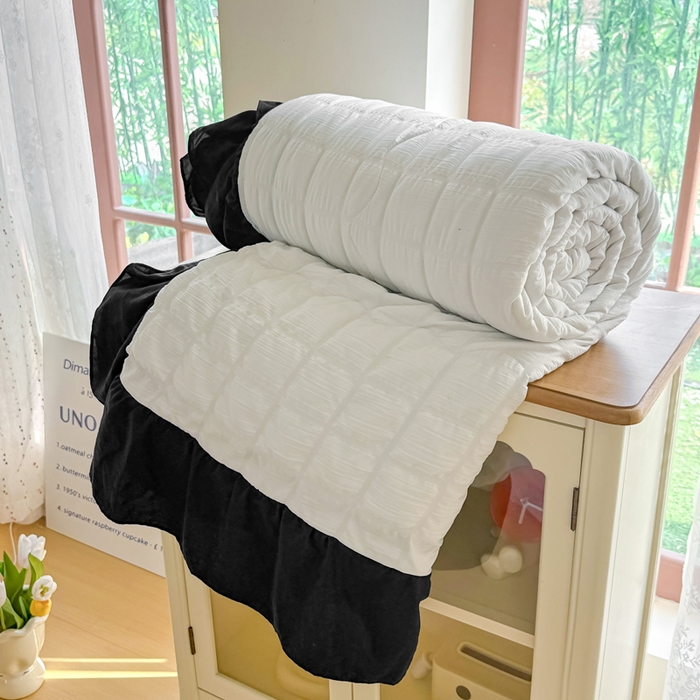 91家纺网 家纺一手货源 找家纺 优卡迪家纺馆 2026春夏新款泡泡纱黑花边夏被夏被空调被四件套【下载文件夹包含买家秀】 茉莉奶昔