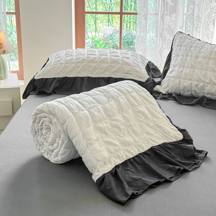 91家纺网 家纺一手货源 找家纺 优卡迪家纺馆 2026春夏新款泡泡纱黑花边夏被夏被空调被四件套【下载文件夹包含买家秀】 茉莉奶昔