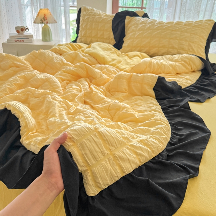 91家纺网 家纺一手货源 找家纺 优卡迪家纺馆 2026春夏新款泡泡纱黑花边夏被夏被空调被四件套【下载文件夹包含买家秀】 魔芋橙汁