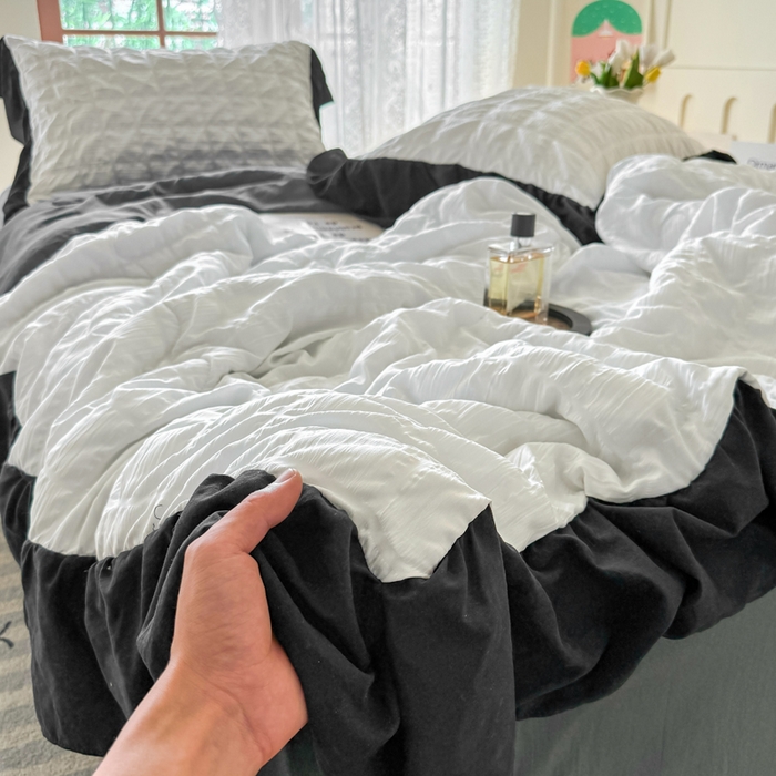 91家纺网 家纺一手货源 找家纺 优卡迪家纺馆 2026春夏新款泡泡纱黑花边夏被夏被空调被四件套【下载文件夹包含买家秀】 茉莉奶昔