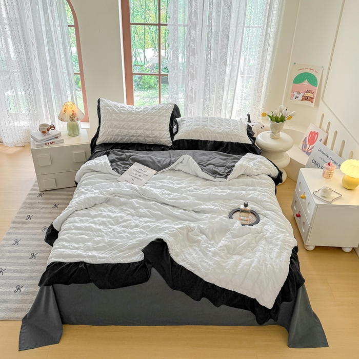 91家纺网 家纺一手货源 找家纺 优卡迪家纺馆 2026春夏新款泡泡纱黑花边夏被夏被空调被四件套【下载文件夹包含买家秀】 茉莉奶昔