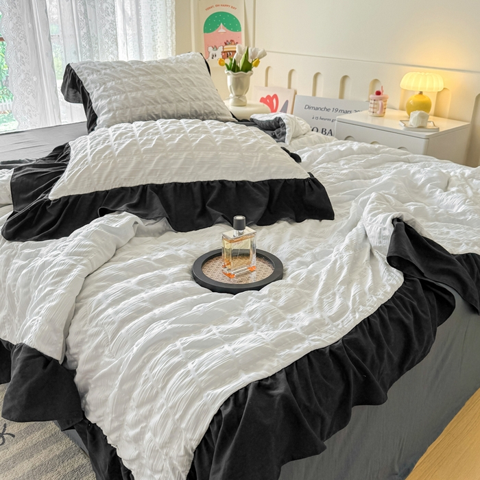 91家纺网 家纺一手货源 找家纺 优卡迪家纺馆 2026春夏新款泡泡纱黑花边夏被夏被空调被四件套【下载文件夹包含买家秀】 茉莉奶昔