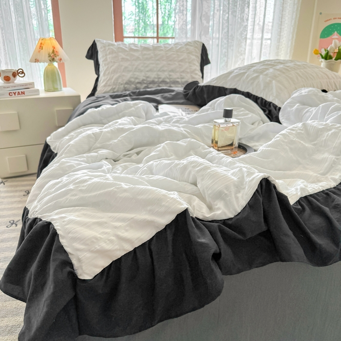 91家纺网 家纺一手货源 找家纺 优卡迪家纺馆 2026春夏新款泡泡纱黑花边夏被夏被空调被四件套【下载文件夹包含买家秀】 茉莉奶昔