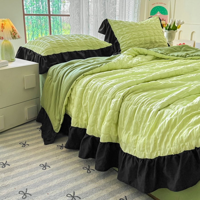 91家纺网 家纺一手货源 找家纺 优卡迪家纺馆 2026春夏新款泡泡纱黑花边夏被夏被空调被四件套【下载文件夹包含买家秀】 青柠蜜瓜