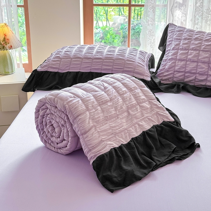 91家纺网 家纺一手货源 找家纺 优卡迪家纺馆 2026春夏新款泡泡纱黑花边夏被夏被空调被四件套【下载文件夹包含买家秀】 香芋紫薯