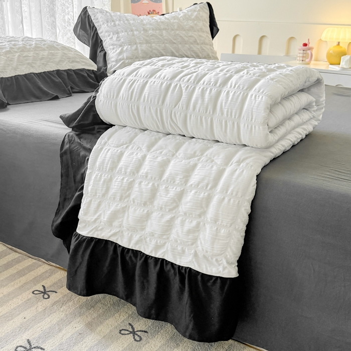 91家纺网 家纺一手货源 找家纺 优卡迪家纺馆 2026春夏新款泡泡纱黑花边夏被夏被空调被四件套【下载文件夹包含买家秀】 茉莉奶昔