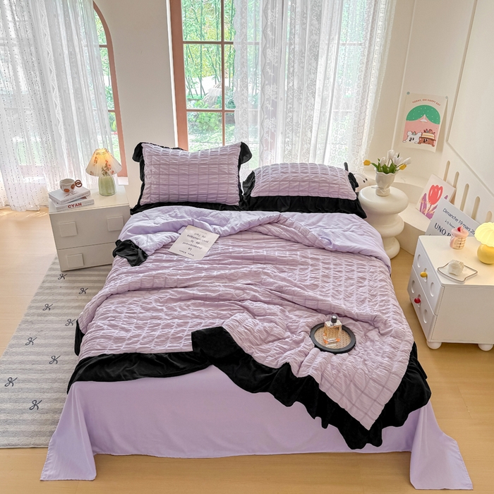 91家纺网 家纺一手货源 找家纺 优卡迪家纺馆 2026春夏新款泡泡纱黑花边夏被夏被空调被四件套【下载文件夹包含买家秀】 香芋紫薯