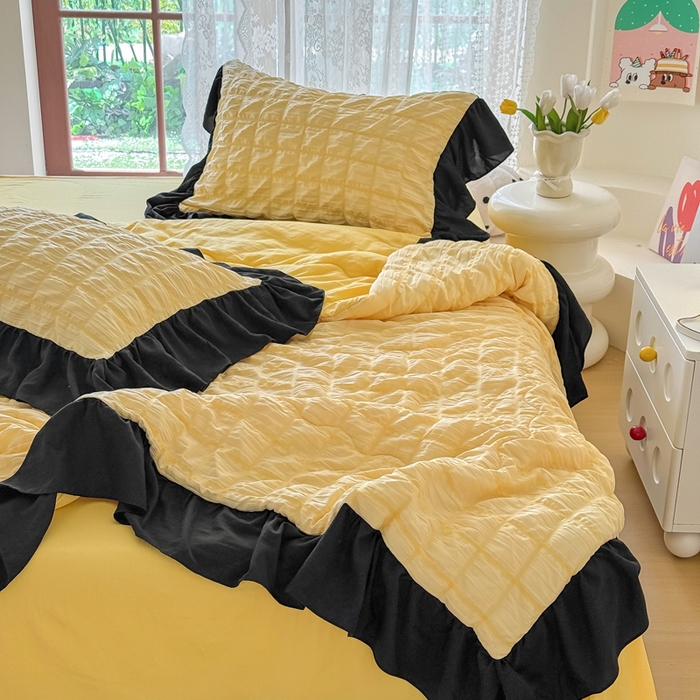 91家纺网 家纺一手货源 找家纺 优卡迪家纺馆 2026春夏新款泡泡纱黑花边夏被夏被空调被四件套【下载文件夹包含买家秀】 魔芋橙汁