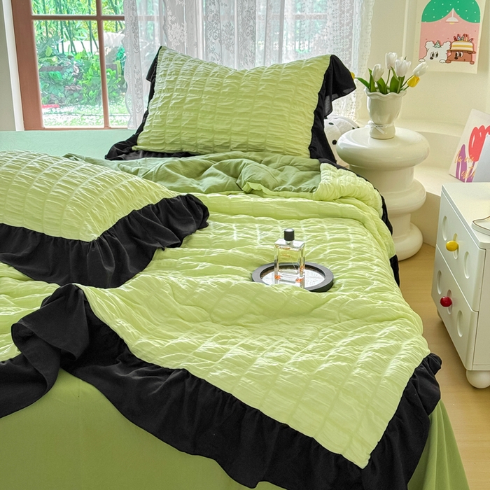 91家纺网 家纺一手货源 找家纺 优卡迪家纺馆 2026春夏新款泡泡纱黑花边夏被夏被空调被四件套【下载文件夹包含买家秀】 青柠蜜瓜