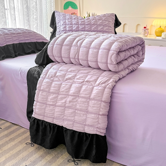 91家纺网 家纺一手货源 找家纺 优卡迪家纺馆 2026春夏新款泡泡纱黑花边夏被夏被空调被四件套【下载文件夹包含买家秀】 香芋紫薯