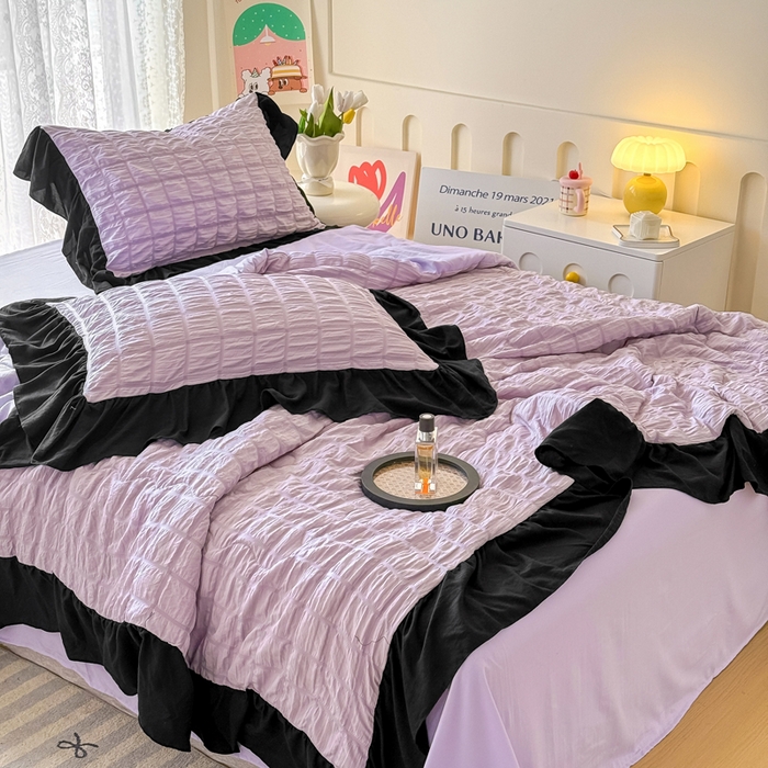 91家纺网 家纺一手货源 找家纺 优卡迪家纺馆 2026春夏新款泡泡纱黑花边夏被夏被空调被四件套【下载文件夹包含买家秀】 香芋紫薯