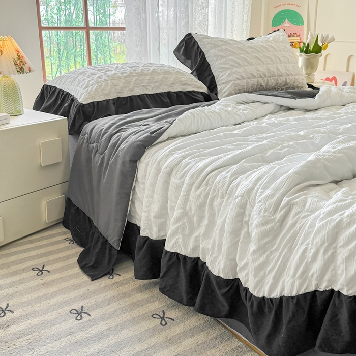 91家纺网 家纺一手货源 找家纺 优卡迪家纺馆 2026春夏新款泡泡纱黑花边夏被夏被空调被四件套【下载文件夹包含买家秀】 茉莉奶昔