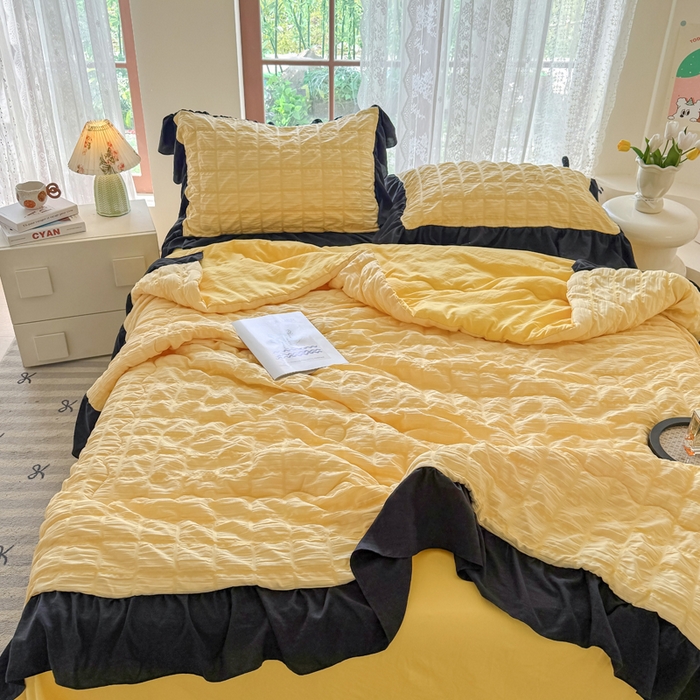 91家纺网 家纺一手货源 找家纺 优卡迪家纺馆 2026春夏新款泡泡纱黑花边夏被夏被空调被四件套【下载文件夹包含买家秀】 魔芋橙汁