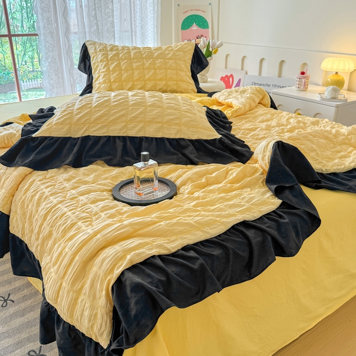 91家纺网 家纺一手货源 找家纺 优卡迪家纺馆 2026春夏新款泡泡纱黑花边夏被夏被空调被四件套【下载文件夹包含买家秀】 魔芋橙汁