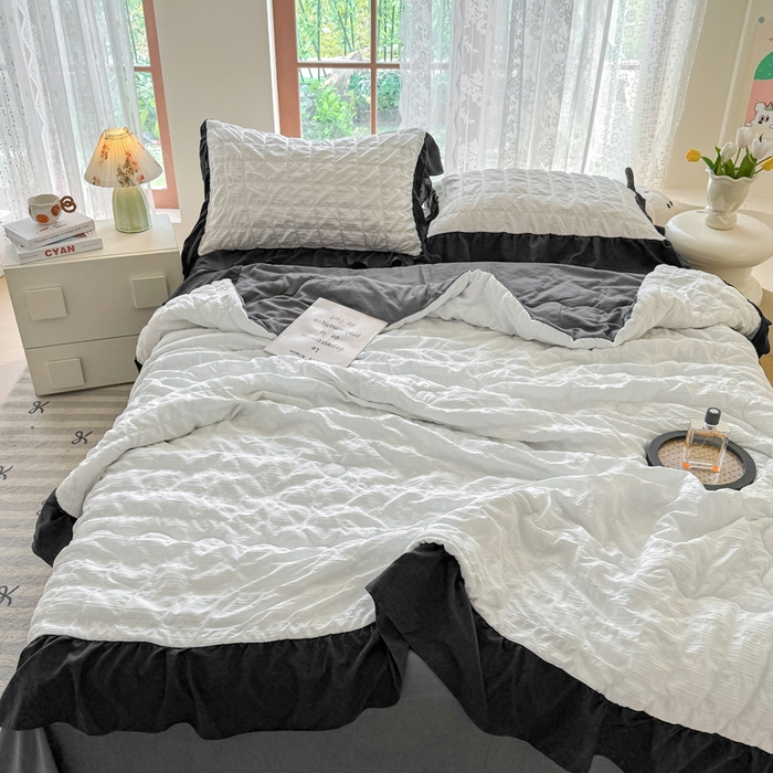 91家纺网 家纺一手货源 找家纺 优卡迪家纺馆 2026春夏新款泡泡纱黑花边夏被夏被空调被四件套【下载文件夹包含买家秀】 茉莉奶昔