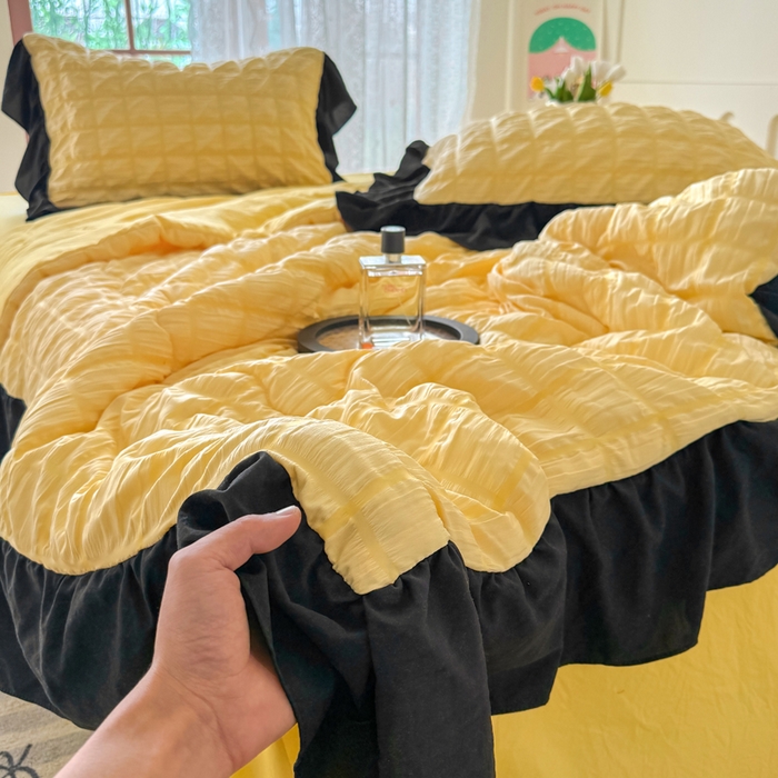 91家纺网 家纺一手货源 找家纺 优卡迪家纺馆 2026春夏新款泡泡纱黑花边夏被夏被空调被四件套【下载文件夹包含买家秀】 魔芋橙汁