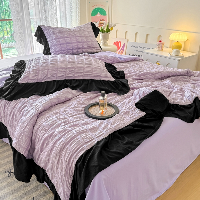 91家纺网 家纺一手货源 找家纺 优卡迪家纺馆 2026春夏新款泡泡纱黑花边夏被夏被空调被四件套【下载文件夹包含买家秀】 香芋紫薯