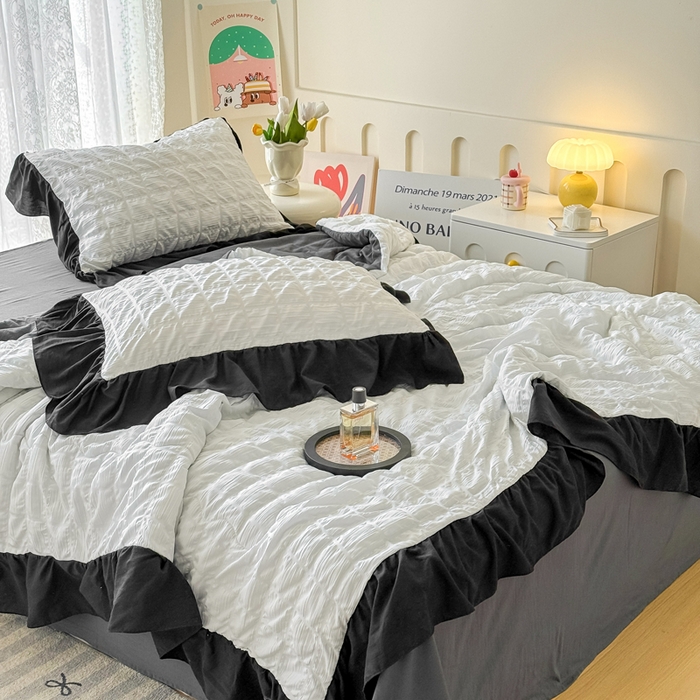 91家纺网 家纺一手货源 找家纺 优卡迪家纺馆 2026春夏新款泡泡纱黑花边夏被夏被空调被四件套【下载文件夹包含买家秀】 茉莉奶昔