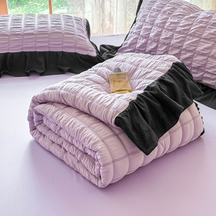 91家纺网 家纺一手货源 找家纺 优卡迪家纺馆 2026春夏新款泡泡纱黑花边夏被夏被空调被四件套【下载文件夹包含买家秀】 香芋紫薯