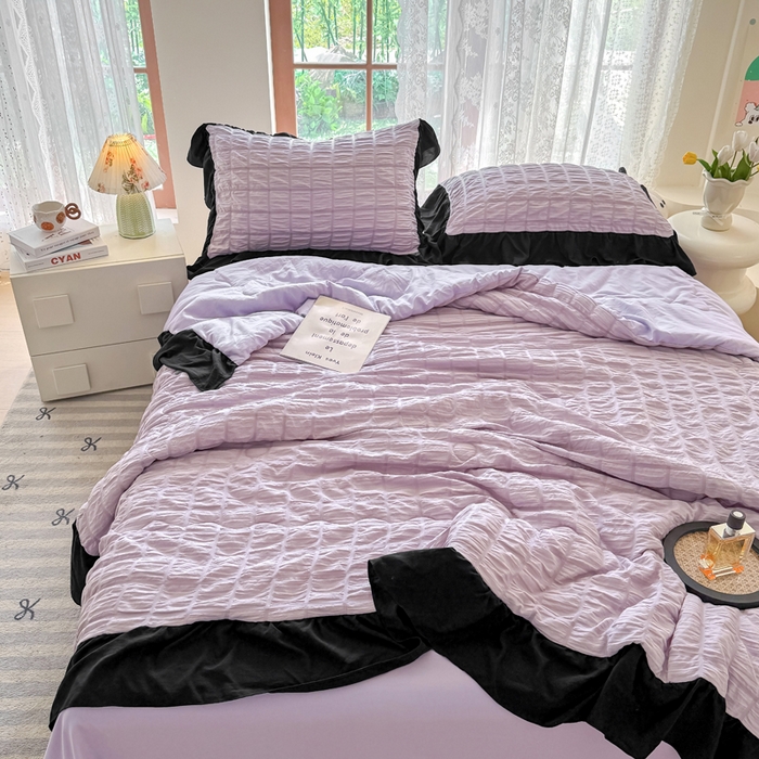 91家纺网 家纺一手货源 找家纺 优卡迪家纺馆 2026春夏新款泡泡纱黑花边夏被夏被空调被四件套【下载文件夹包含买家秀】 香芋紫薯