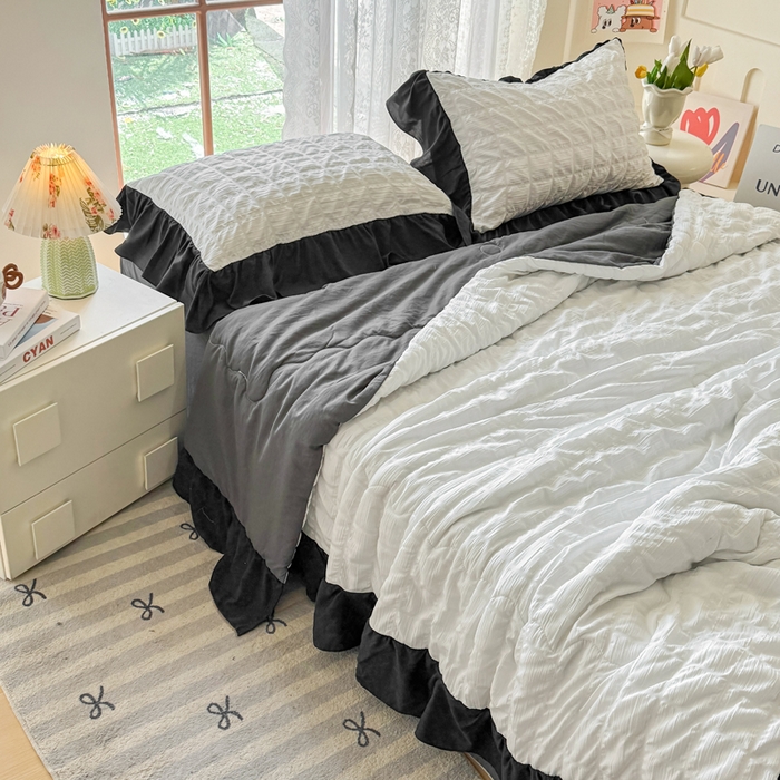 91家纺网 家纺一手货源 找家纺 优卡迪家纺馆 2026春夏新款泡泡纱黑花边夏被夏被空调被四件套【下载文件夹包含买家秀】 茉莉奶昔