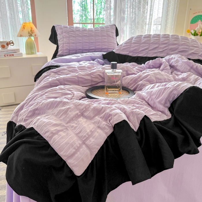 91家纺网 家纺一手货源 找家纺 优卡迪家纺馆 2026春夏新款泡泡纱黑花边夏被夏被空调被四件套【下载文件夹包含买家秀】 香芋紫薯