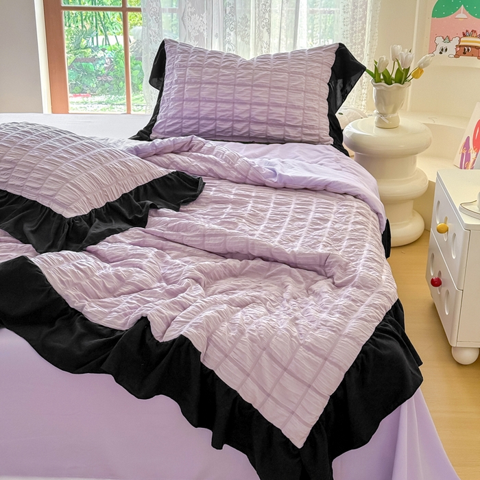 91家纺网 家纺一手货源 找家纺 优卡迪家纺馆 2026春夏新款泡泡纱黑花边夏被夏被空调被四件套【下载文件夹包含买家秀】 香芋紫薯