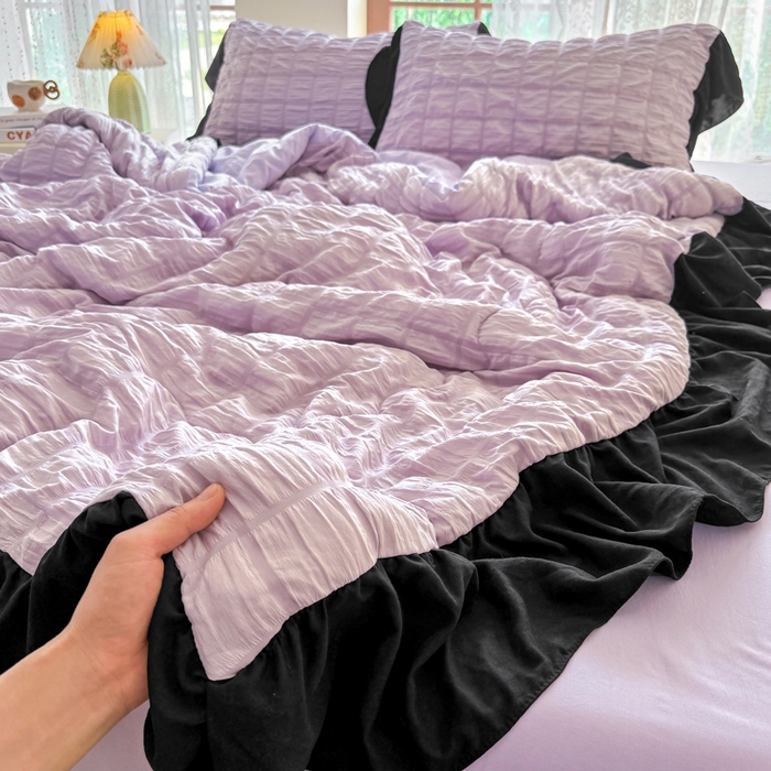 91家纺网 家纺一手货源 找家纺 优卡迪家纺馆 2026春夏新款泡泡纱黑花边夏被夏被空调被四件套【下载文件夹包含买家秀】 香芋紫薯