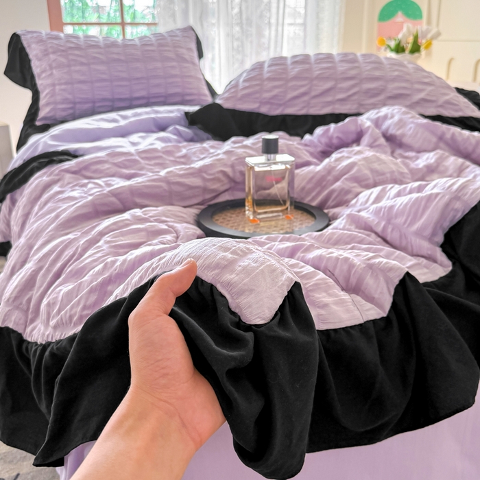 91家纺网 家纺一手货源 找家纺 优卡迪家纺馆 2026春夏新款泡泡纱黑花边夏被夏被空调被四件套【下载文件夹包含买家秀】 香芋紫薯