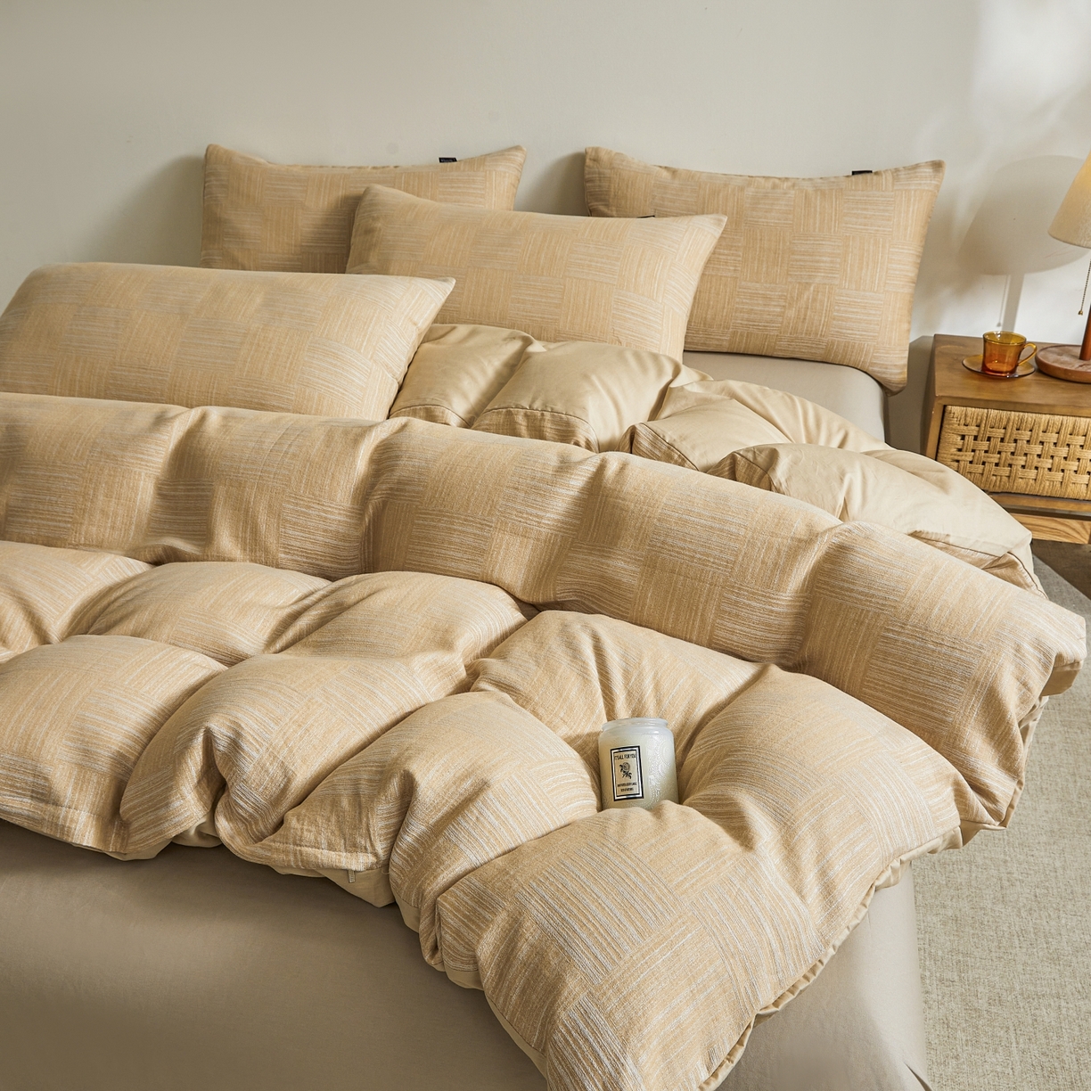 91家纺网 家纺一手货源 找家纺 乐家毛巾被（工厂自产自销） 2026新款40s全棉纯棉色织提花四件套 格物志