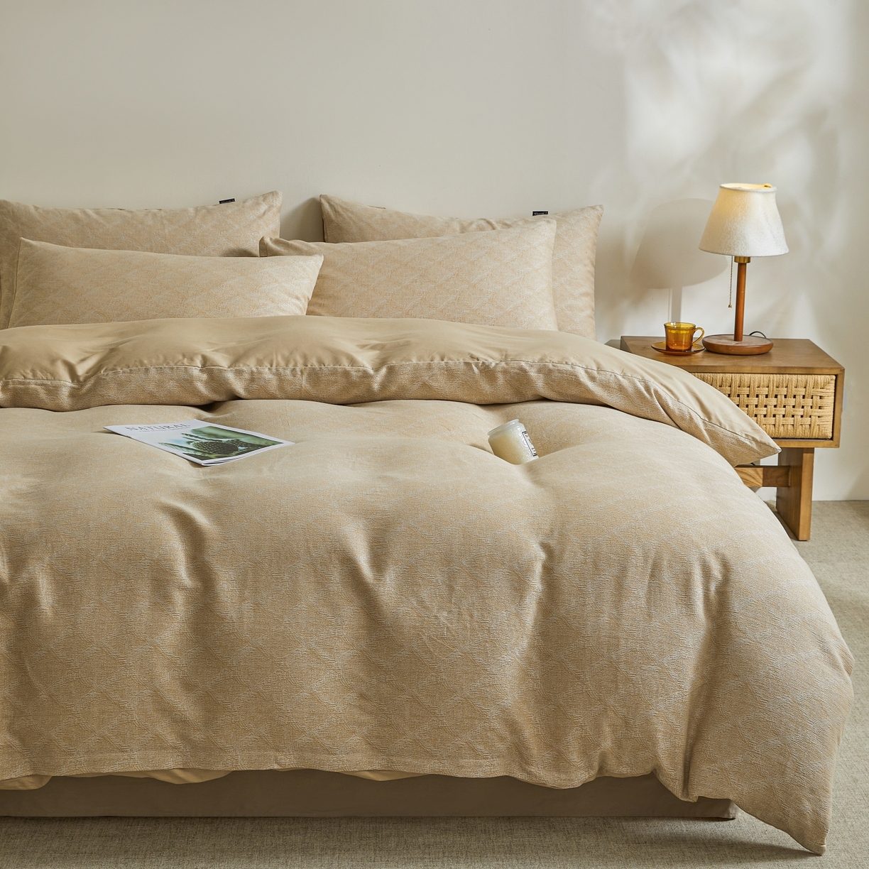 91家纺网 家纺一手货源 找家纺 乐家毛巾被（工厂自产自销） 2026新款40s全棉纯棉色织提花四件套 光阴-黄