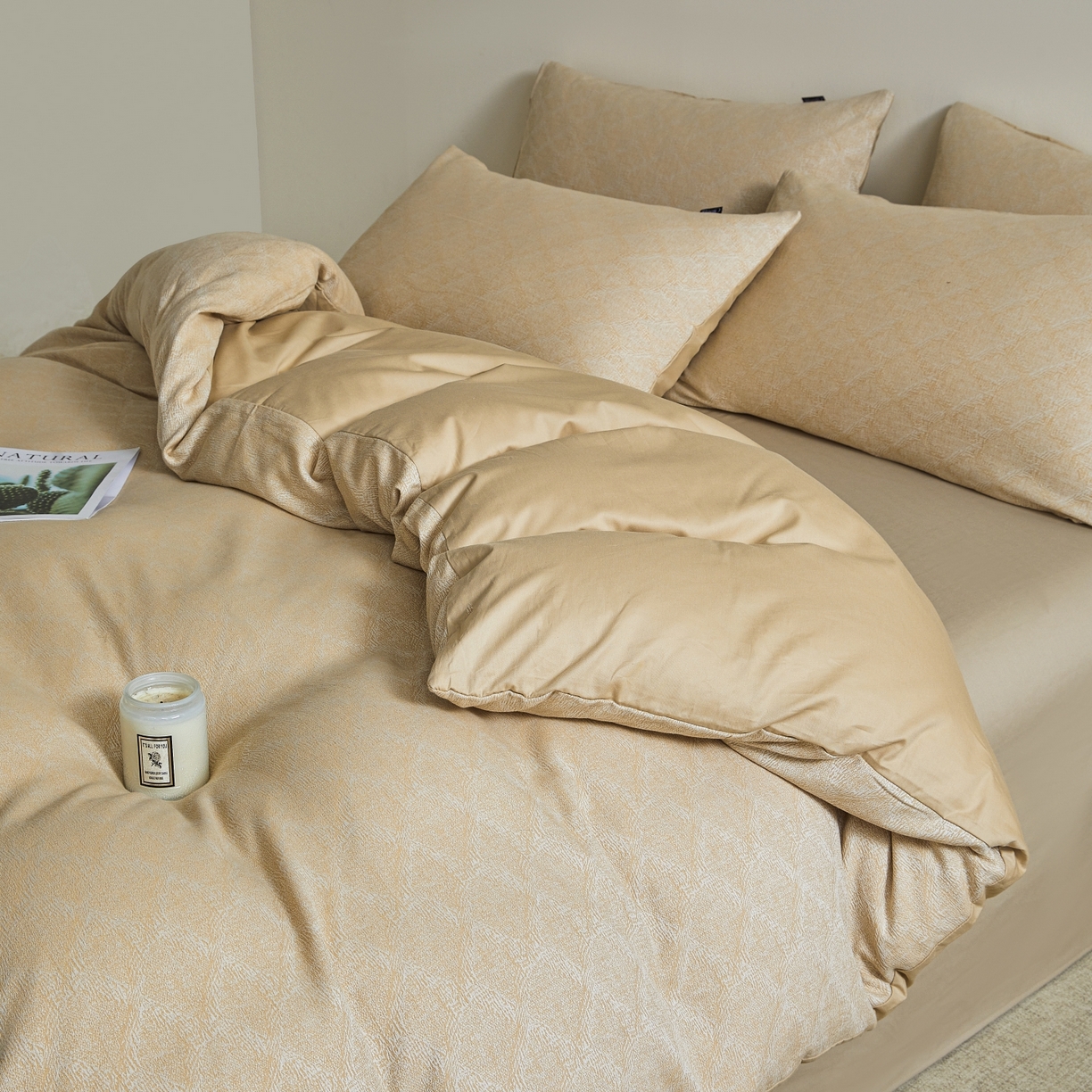 91家纺网 家纺一手货源 找家纺 乐家毛巾被（工厂自产自销） 2026新款40s全棉纯棉色织提花四件套 光阴-黄